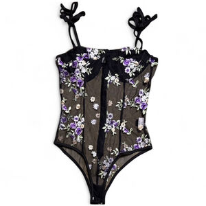 SHEIN Black Mesh Floral Embroidered Bodysuit M